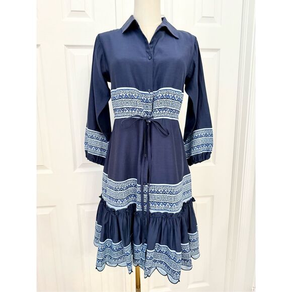 Sail to Sable Dresses & Skirts - Sail To Sable Women's Navy Blue Silk Blend Scallop Stripe Shirt Dress Size XS